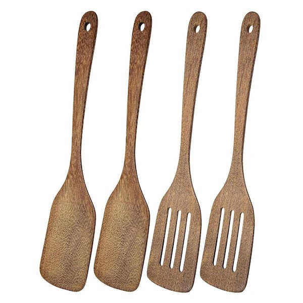 4 Pack Acacia Wood Cooking Spatula Set Natural Finish Nonstick Utensils Smooth Handle Kitchen Accessory Set