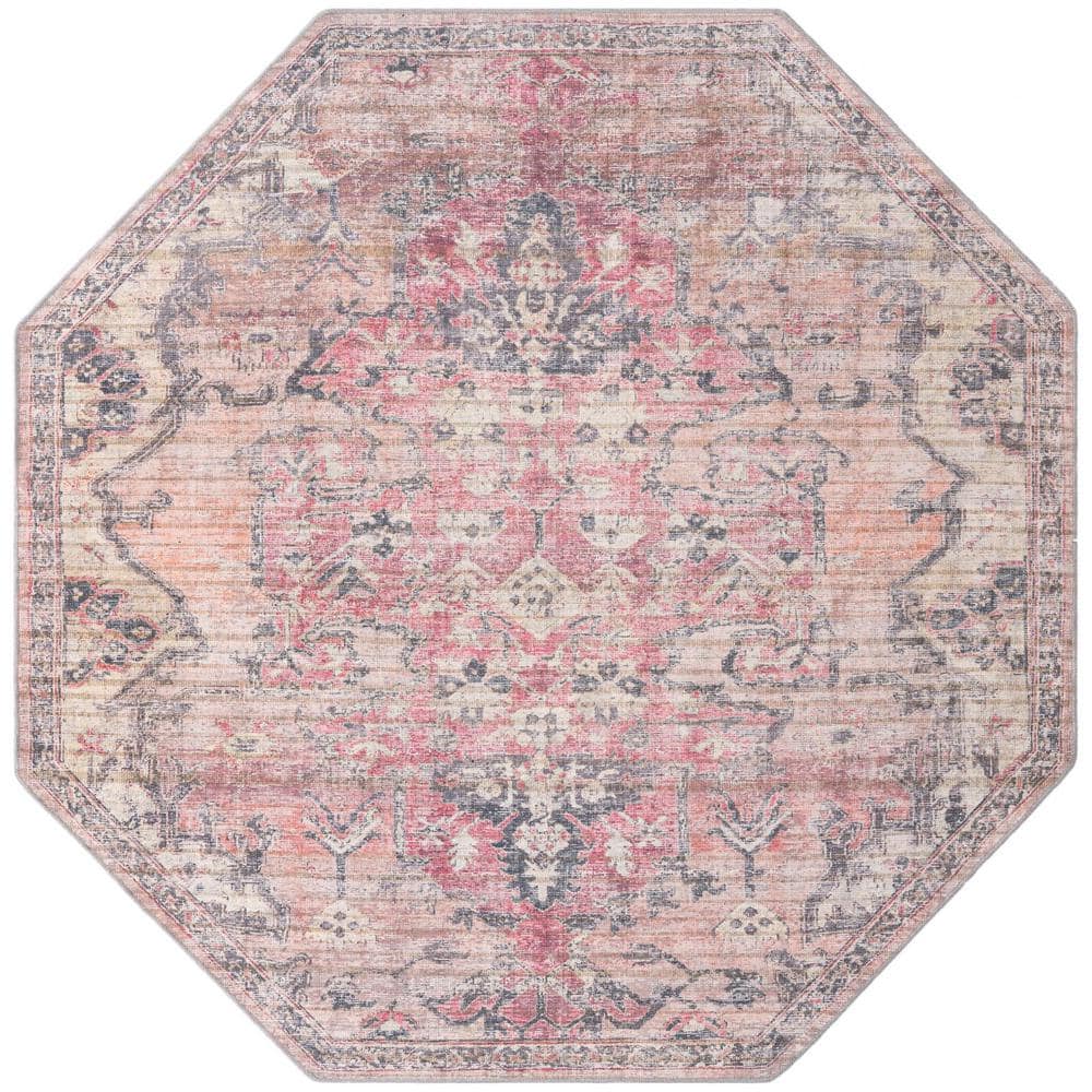 Beige Pink Octagonal Washable Synthetic Indoor Area Rug