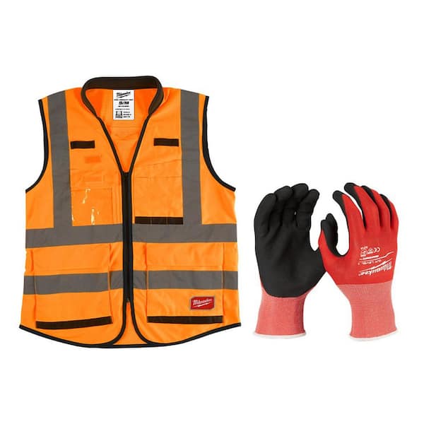 Milwaukee Premium Small/Medium Orange Class 2-High Vis Safety Vest and Large Red Nitrile Level 1 Cut Resistant Dipped Work Gloves