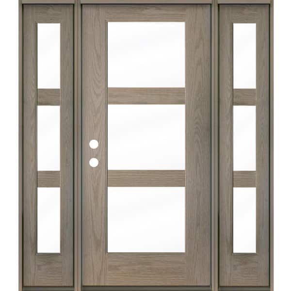 Krosswood Doors Modern 64 in. x 80 in. 3-Lite Right-Hand/Inswing Clear Glass Oiled Leather Stain Fiberglass Prehung Front Door with DSL