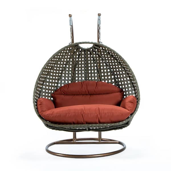2-Person Egg Swing Chair Beige Wicker Outdoor Patio Hanging Chair with Dark Orange Cushions