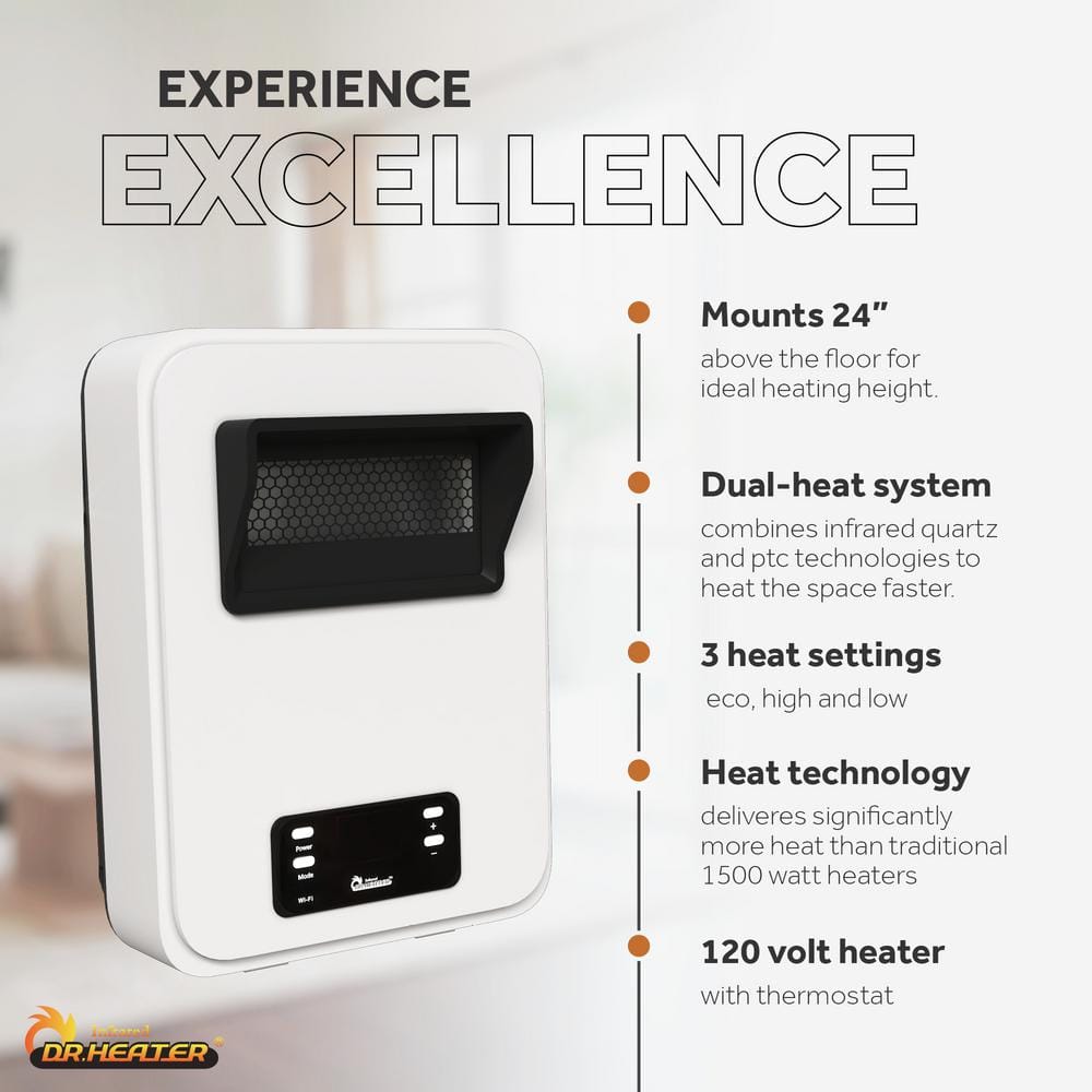 White Wall Mount 1500W Electric Space Heater with WiFi and Remote