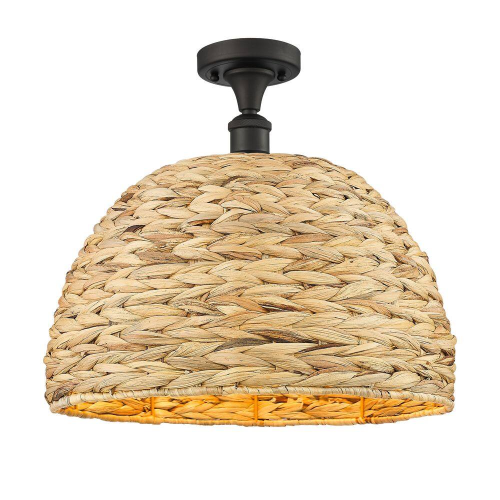 Woven Rattan 15.75 in. 1-Light Oiled Brass Farmhouse Semi-Flush Mount with Rattan Shade price history on PriceWatchPro