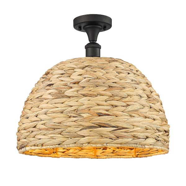 Woven Rattan 15.75 in. 1-Light Oiled Brass Farmhouse Semi-Flush Mount with Rattan Shade
