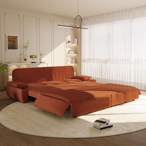 94.5 in. W 3-in-1 Convertible Orange Soft Corduroy King Size Sofa Bed with 2-Soft Pillows