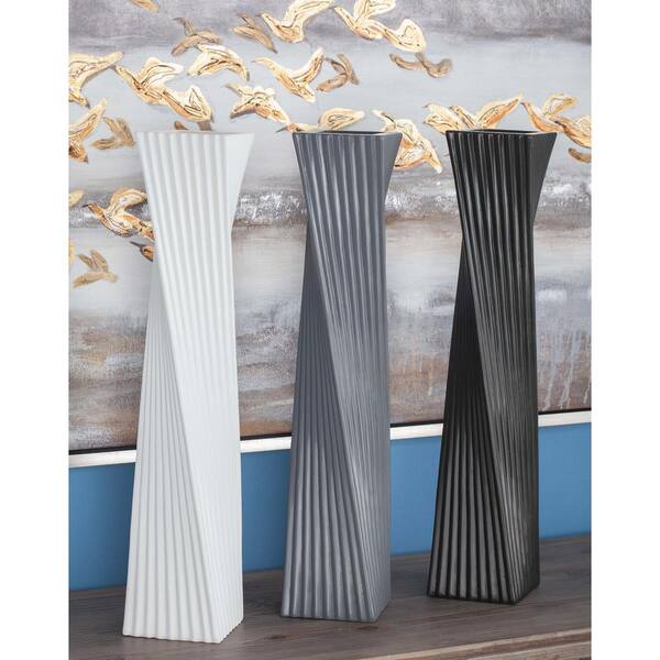 Litton Lane 24 in. Twisted-Rectangular Ceramic Decorative Vases in Black, White and Gray (Set of 3)
