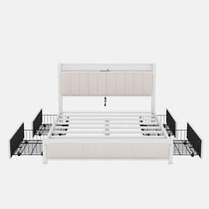 Beige Metal Frame Queen Platform Bed with LED Headboard, 4-Storage Drawers and USB Ports