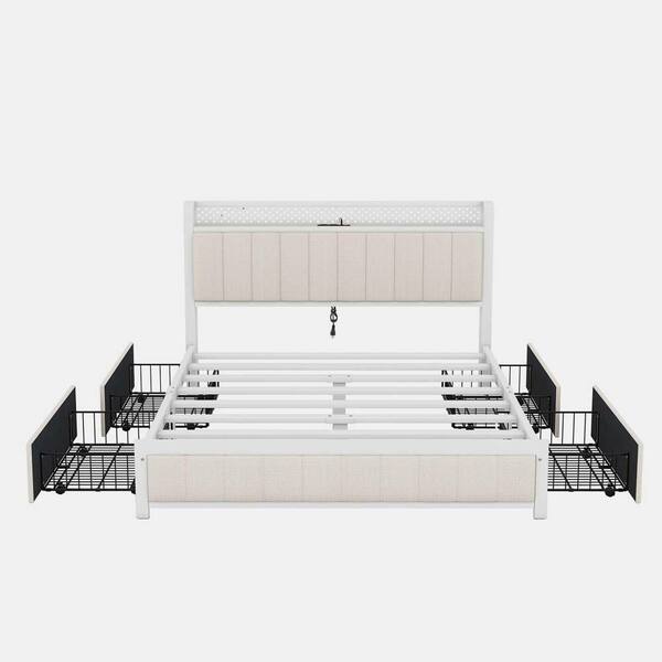wetiny Beige Metal Frame Queen Platform Bed with LED Headboard, 4-Storage Drawers and USB Ports