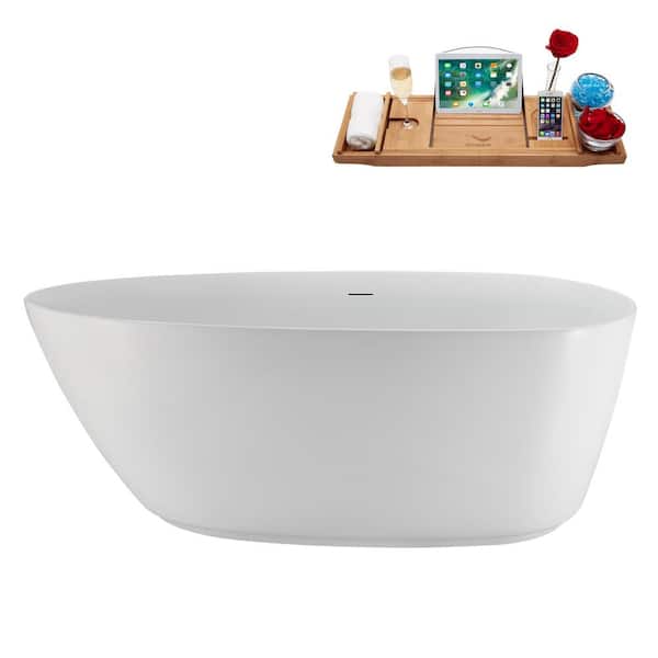 Streamline 67 in. x 30 in. Acrylic Freestanding Soaking Bathtub in Glossy White with Matte Oil Rubbed Bronze Drain, Bamboo Tray