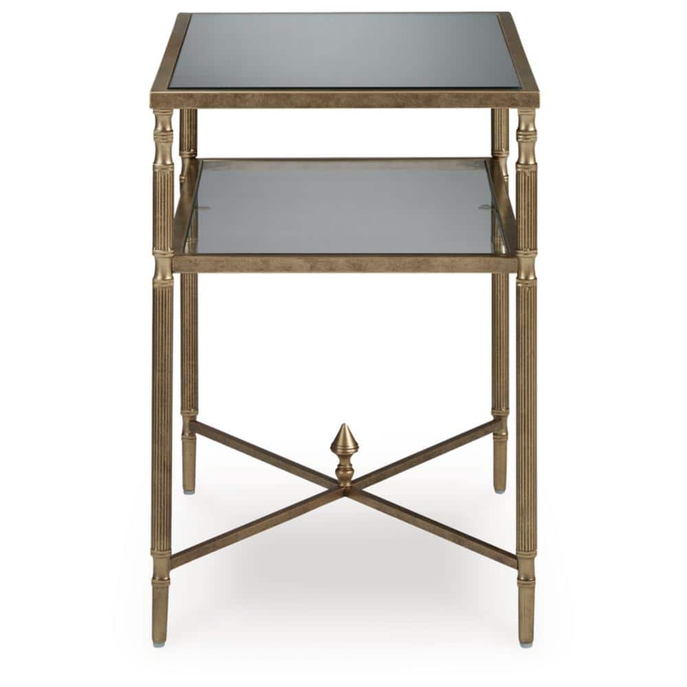 Gold Rectangular Glass and Metal End Table with Mirror Shelf