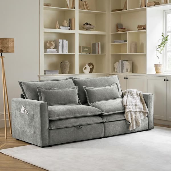 JAYDEN CREATION Aprea 87 in. Square Arm Polyester Rectangle Sofa in Light Gray