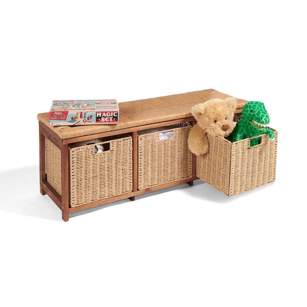 Brown Pine Kid's Storage Bench with Woven Top and Baskets