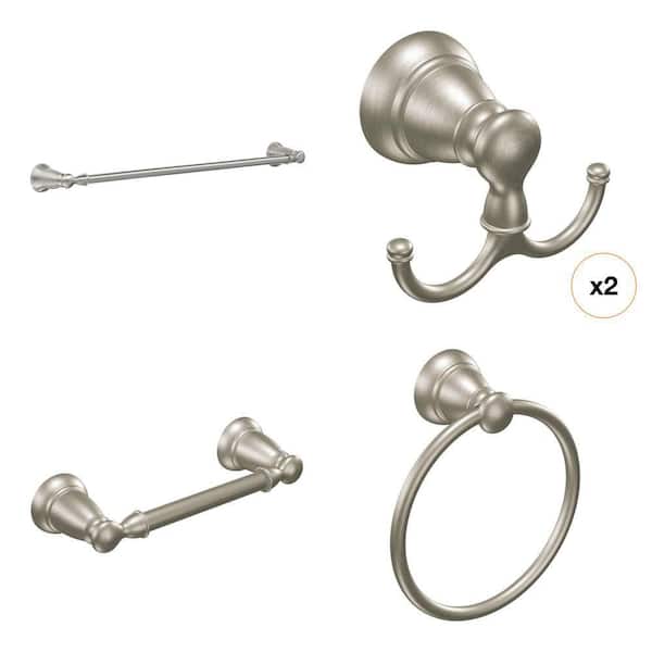 Banbury Spot Resist Brushed Nickel Bath Hardware Set: Robe Hook, Towel Ring, Toilet Paper Holder, 24 in. Towel Bar