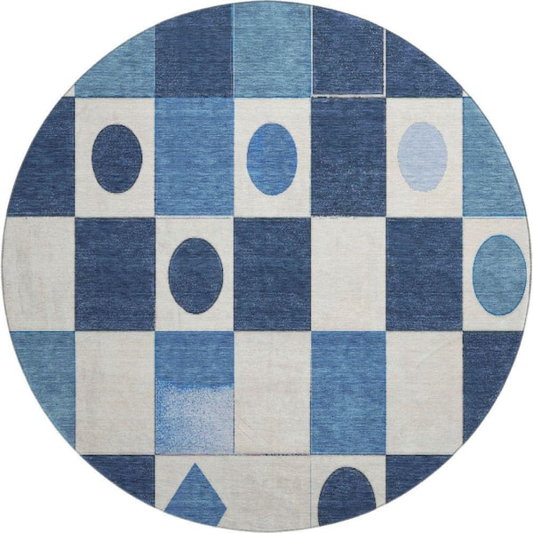 Mayfield Premium Machine Washable Abstract AMF2181 Blue 8 ft. x 8 ft. Round Rug