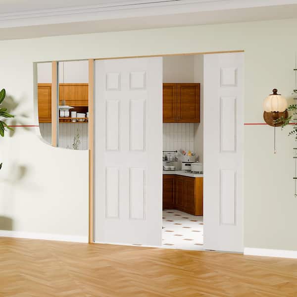 48 in. x 80 in. White Primed 6-Panel Wood Pocket Door with Soft Close, Frame and Full Accessories, Hollow Core