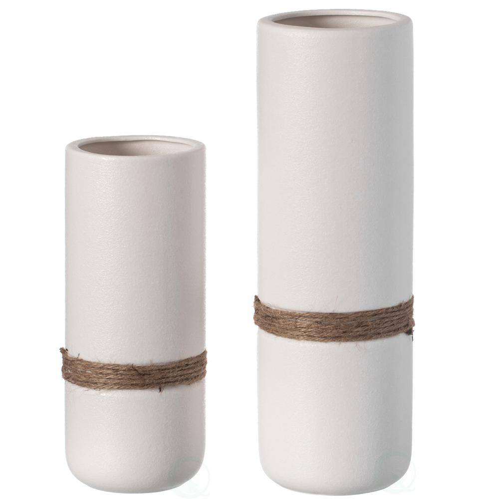 Tiny White Ceramic Cylinder Table Vase Set with Twisted Cord Trim