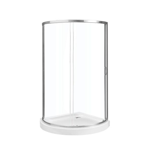 Breeze 34 in. L x 34 in. W x 76.97 in. H Corner Shower Kit with Clear Framed Sliding Door in Satin Nickel and Shower Pan