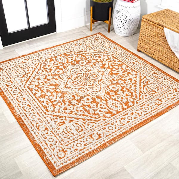 Orange/Cream 5 ft. Square Sinjuri Medallion Textured Weave Indoor/Outdoor Area Rug