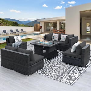 Gray 7-Piece Wicker Patio Conversation Set Deep Sectional Set with Fire Table Charcoal Cushions without Ottoman