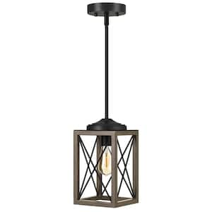 60-Watt 1-Light Farmhouse Pendant Light with Gray Wooden Grain Finish Shade, No Bulbs Included