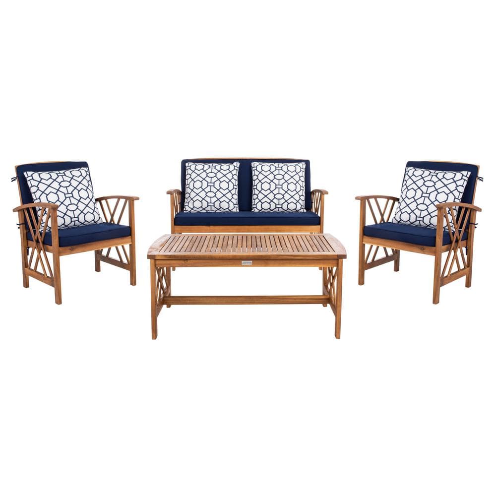 Fontana Natural Acacia Wood 4-Piece Patio Conversation Set with Navy Cushions