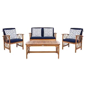 Fontana Natural 4-Piece Wood Patio Conversation Set with Navy Cushions and White Geometric Pillows