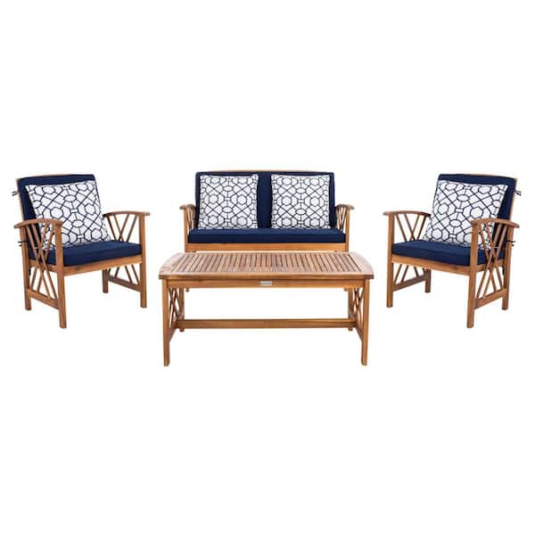 SAFAVIEH Fontana Natural 4-Piece Wood Patio Conversation Set with Navy Cushions and White Geometric Pillows