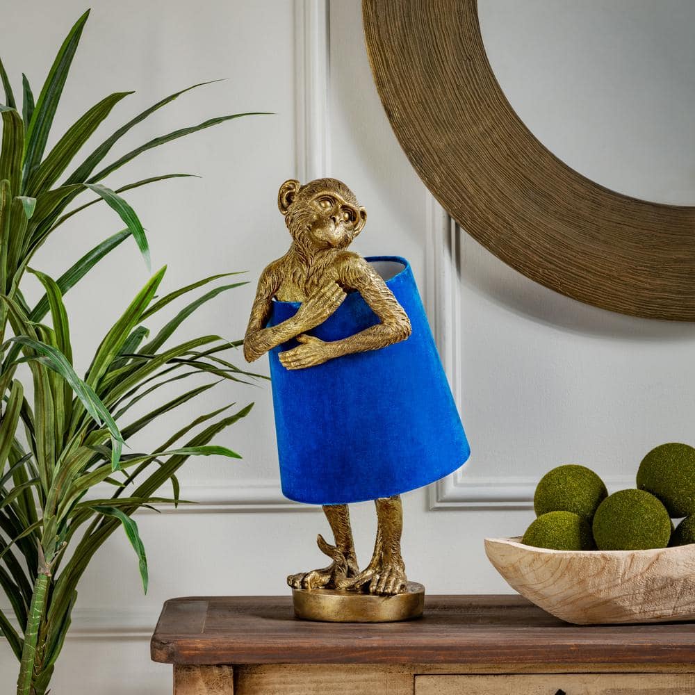 Gold Resin Monkey Table Lamp with Blue Velvet Shade