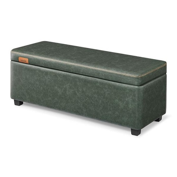 Benjara 42.9 in. Fyn Green Faux Leather Box Storage Trunk Ottoman
