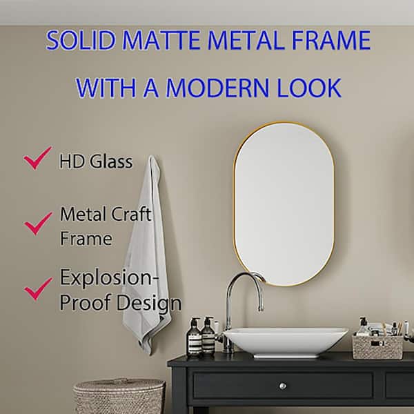 20.47 in. W x 33.46 in. H Oval Metal Medicine Cabinet with Mirror, Wall Cabinet with Adjustable Shelves, Gold