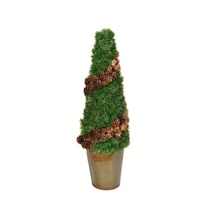 18 in. Green Artificial Cone Shape Cedar Topiary Plants in Rustic Tin Pot