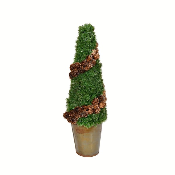 Vickerman 18 in. Green Artificial Cone Shape Cedar Topiary Plants in Rustic Tin Pot