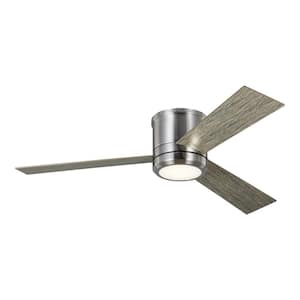 Clarity 56 in. Brushed Steel Integrated LED Indoor Flush Mount Ceiling Fan with Light Kit and Grey Weathered Oak Blades