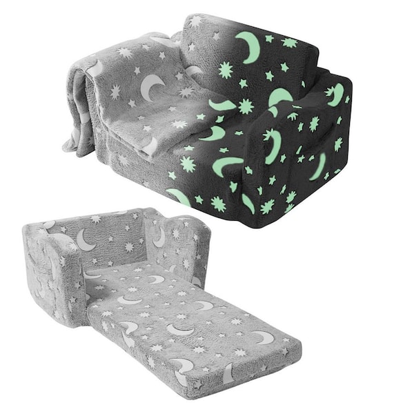 Fold-out Kids Sofa, Glow-in-the-Dark Kids Couch Chair, 2-in-1 Children Sofa Plastic Outdoor Rocking Chair with Cushion