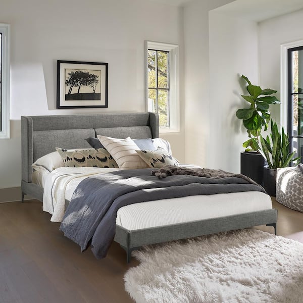 Armen Living Legend Gray Fabric Queen Platform Bed with Black Metal Legs