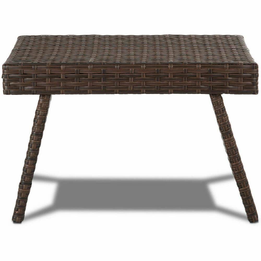 Compact Foldable Brown PE Rattan Side Table with Steel Frame