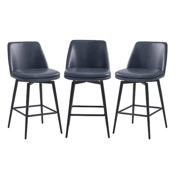 Spruce & Spring 27 in. Cecily Blue High Back Metal Swivel Counter Stool with Faux Leather Seat (Set of 3)