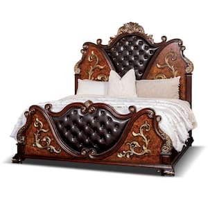 Gurando Brown Wood Frame Queen Panel Bed with Tufted Headboard