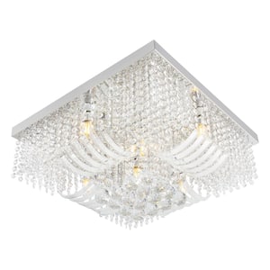 19.69 in. 6-Light Silver Modern Square Crystal Flush Mount Ceiling Light with Clear Glass Shade and No Bulbs Included