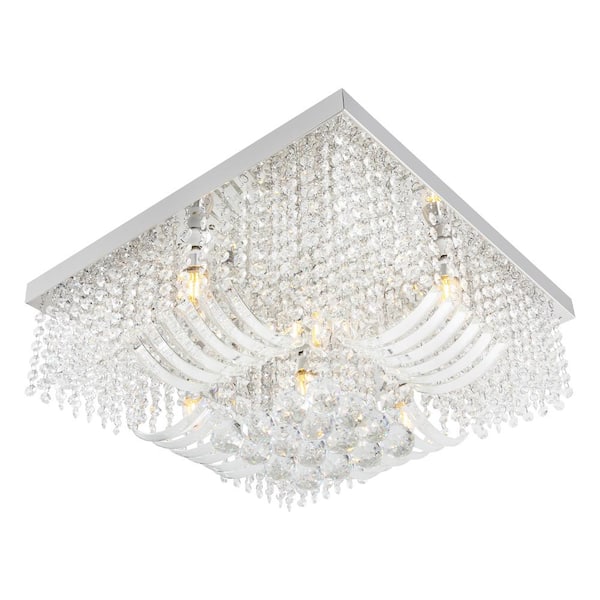 OUKANING 19.69 in. 6-Light Silver Modern Square Crystal Flush Mount Ceiling Light with Clear Glass Shade and No Bulbs Included