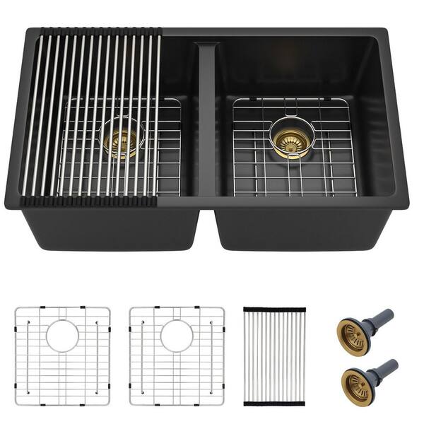 33 in. Matte Black Quartz Granite Composite Kitchen Sink 50/50 Split Double Bowl-Undermount Sink with Accessories