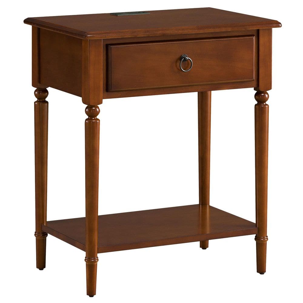 Pecan Brown Solid Wood Coastal Side Table with USB-C Fast Charging Station