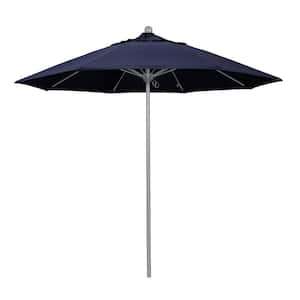 9 ft. Gray Woodgrain Aluminum Commercial Market Patio Umbrella Fiberglass Ribs and Push Lift in Navy Blue Sunbrella