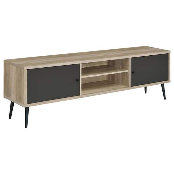 Benjara 70.75 in. Brown and Gray Wood TV Stand Fits TVs up to 75 in. with 2 Open Compartments