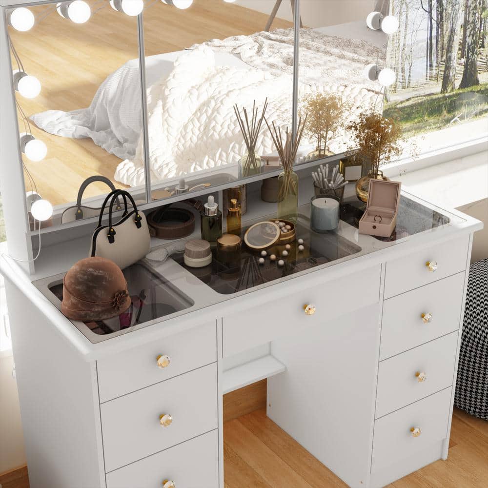 White Makeup Vanity Desk 9 Drawers Wood Dressing Table With 3 LED Bulb Light Mirrors, Glass Top, Hidden Storage Shelves - thumbnail 7