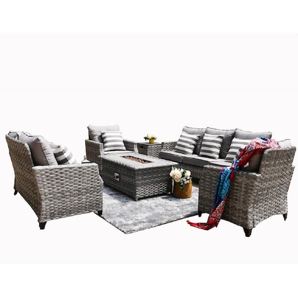 moda furnishings Ressam Gray Frame 6-Pieces Wicker Patio Conversation Fire pit Set With Gray Cushions