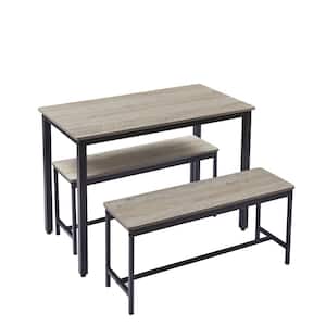 3-Piece Wood Outdoor Dining Set, 2-Dining Benches, Kitchen Table Counter, Industrial for Kitchen Breakfast Table, Gray