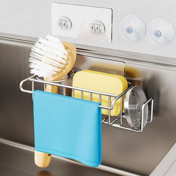 Silver Stainless Steel Sponge Holder for Kitchen Sink, Rust Resistant, Slip Resistant, Multi-Mount