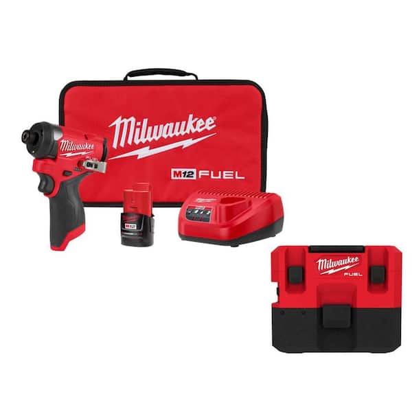 Milwaukee M12 FUEL 12V Lithium-Ion Brushless Cordless 1/4 in. Hex Impact  Driver Kit w/M12 FUEL 1.6 Gal. Wet/Dry Vacuum 0960-20-3453-21 - The Home  Depot