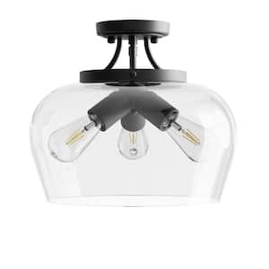 14 in. 3-Light Matte Black Semi-Flush Mount with Clear Glass Shade